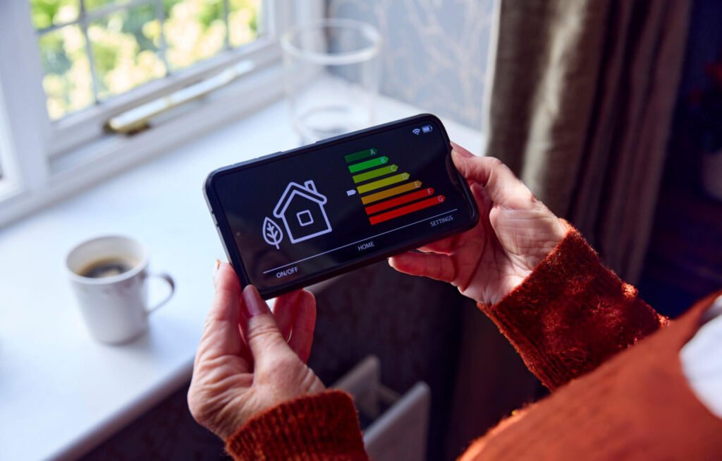 Homeowner holding a smart energy monitor showing a home energy efficiency rating